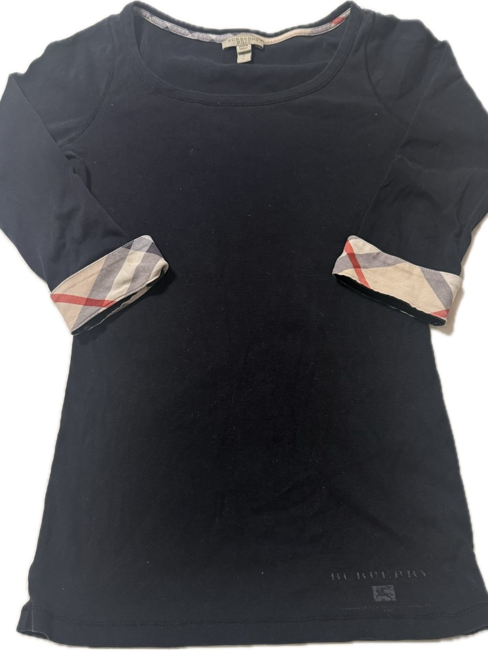 Burberry Womans Black Three-Quarter Sleeve Top with Check Cuff